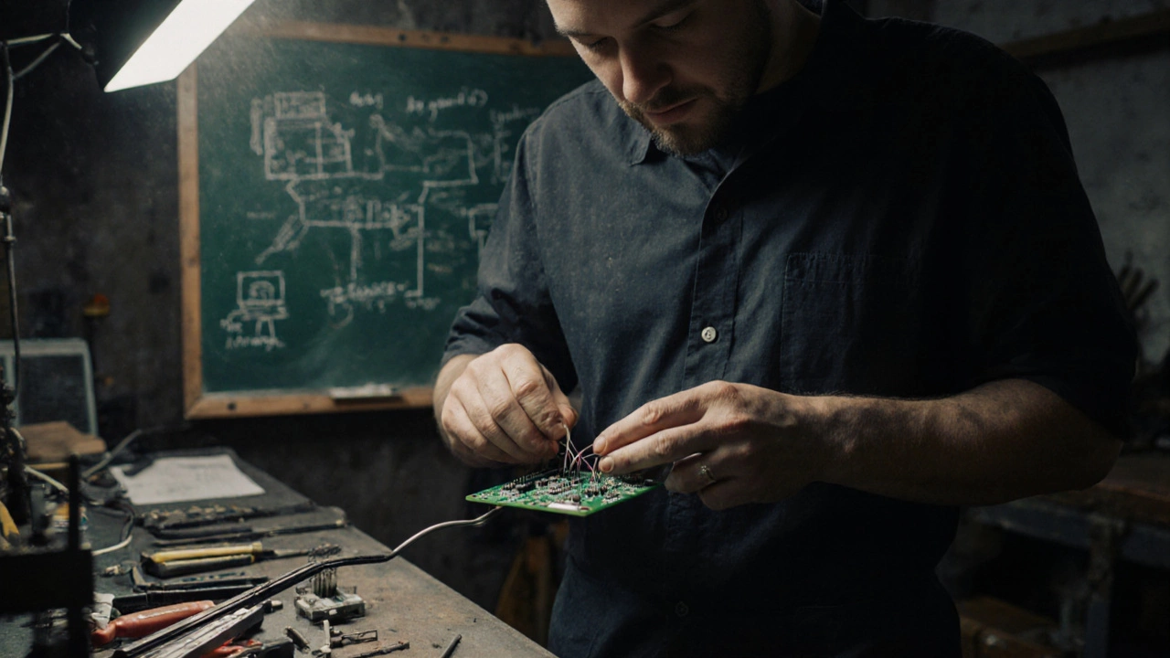 Mechanic working on a circuit board in a workshop with handwritten diagrams.