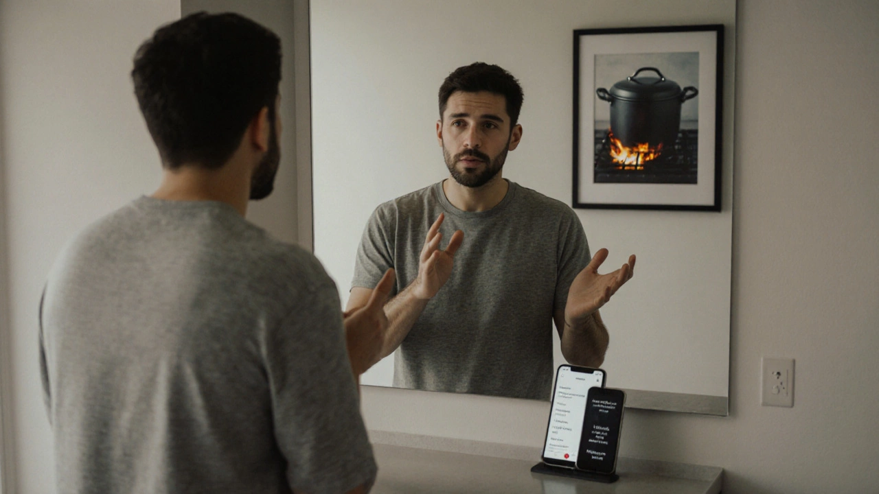 Person explaining a concept aloud to themselves in front of a mirror.