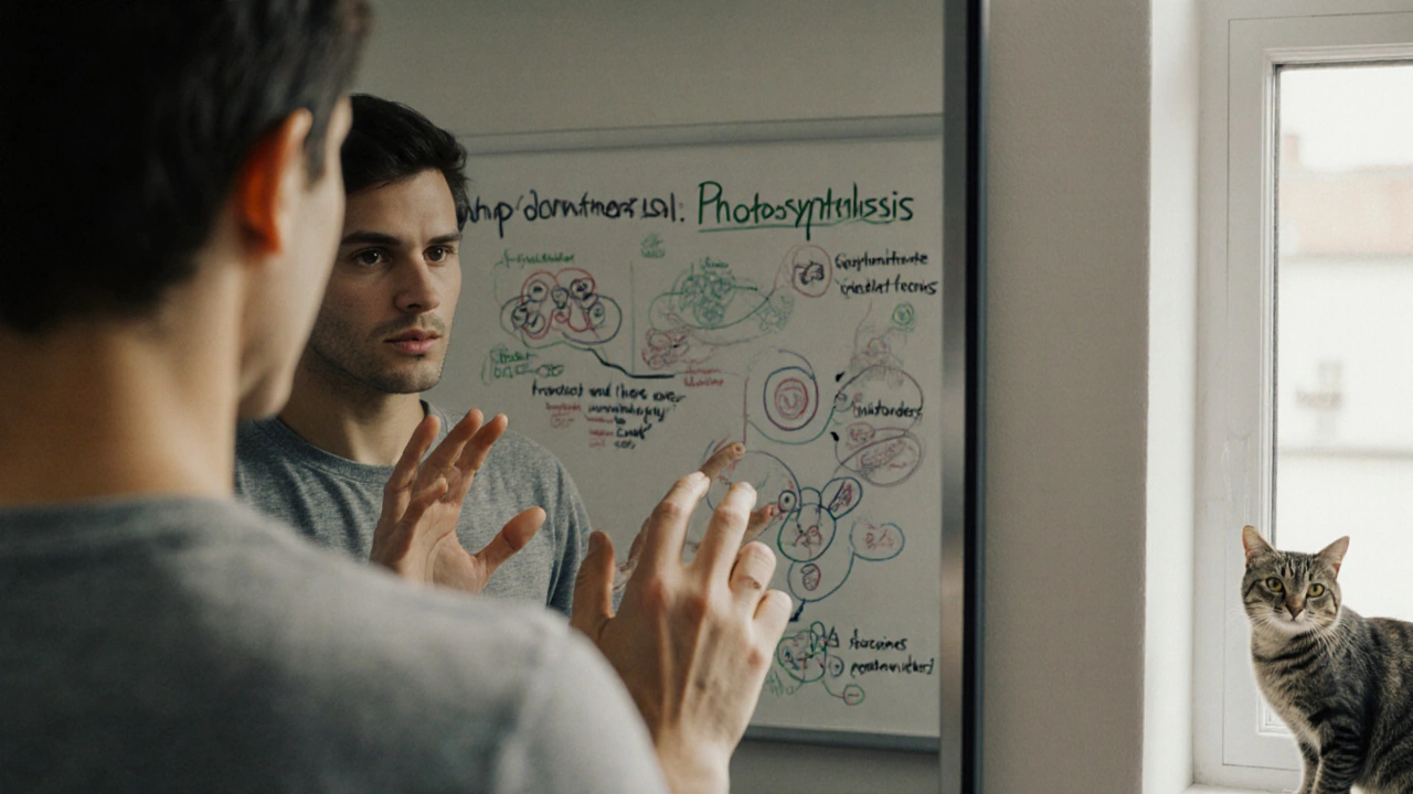 Person teaching a concept aloud in front of a mirror with hand-drawn diagrams