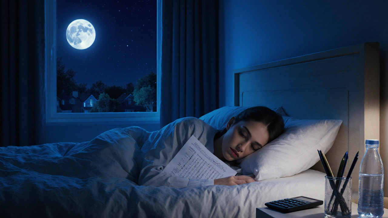 Sleeping student with summary notes on chest, calm night scene outside window