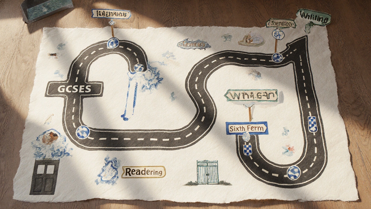 Symbolic road map showing GCSE subjects versus SAT pathway leading to university