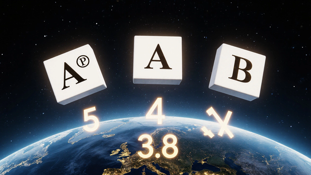 Three A-level grade tiles floating above a globe with numerical equivalents, but 3.8 remains out of reach.