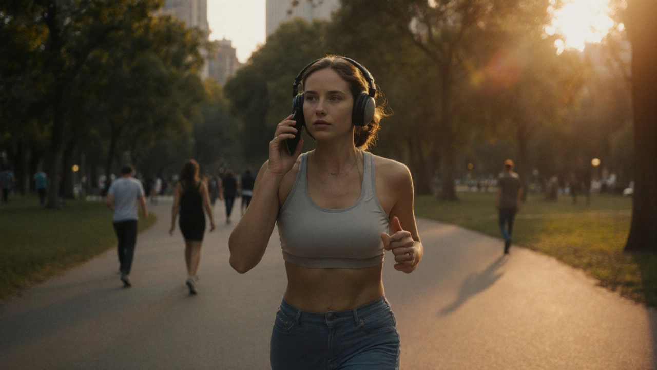 Woman walking in a park while speaking aloud into her phone, headphones on.