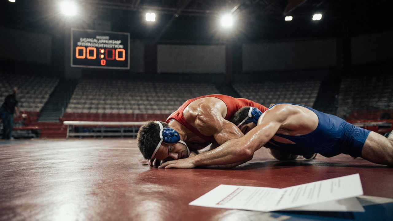 Wrestler in mid-takedown on a mat under gym lights, with a scholarship letter on the bench nearby.