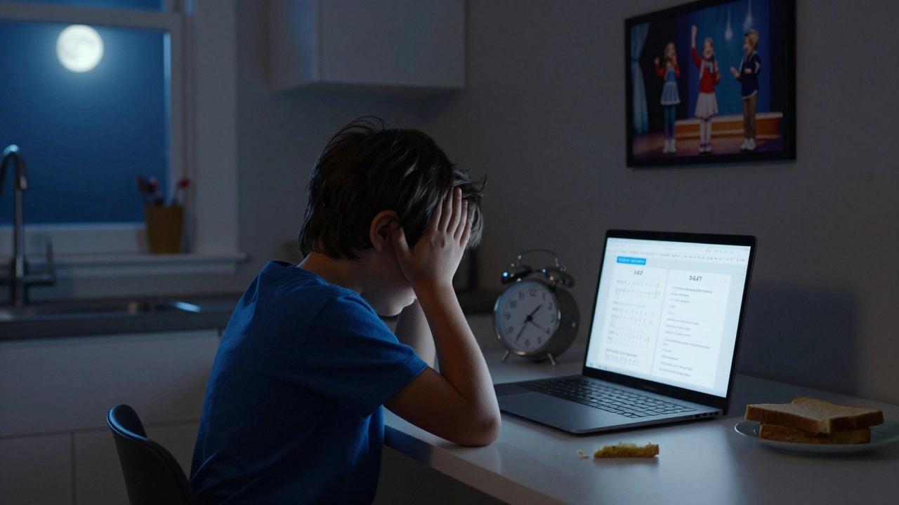A child tired at night, staring at a math lesson on a laptop, surrounded by signs of stress.