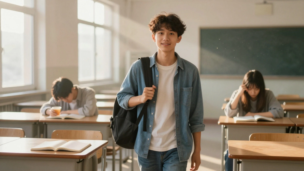A confident student entering an exam room at sunrise, with a fading ghost of their tired former self behind them.