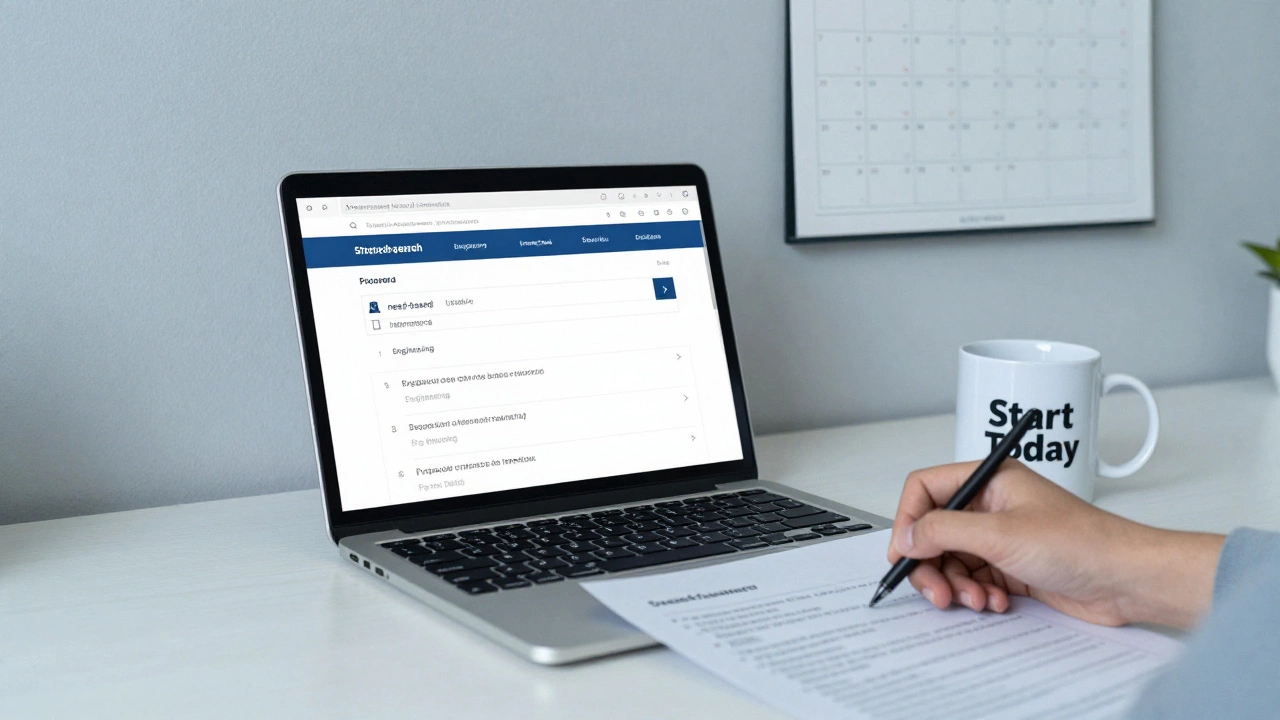A laptop shows scholarship search results beside a marked list and coffee mug, with a calendar indicating deadlines on the wall.