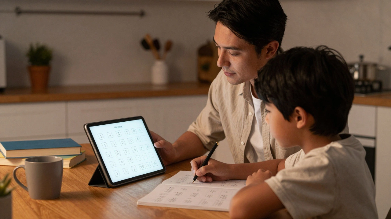 A parent helping their child with homework using a tablet at a cozy kitchen table.