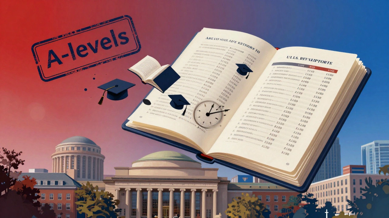 A passport stamped &#039;A-levels&#039; flying over U.S. university skylines, transforming grades into college credits.