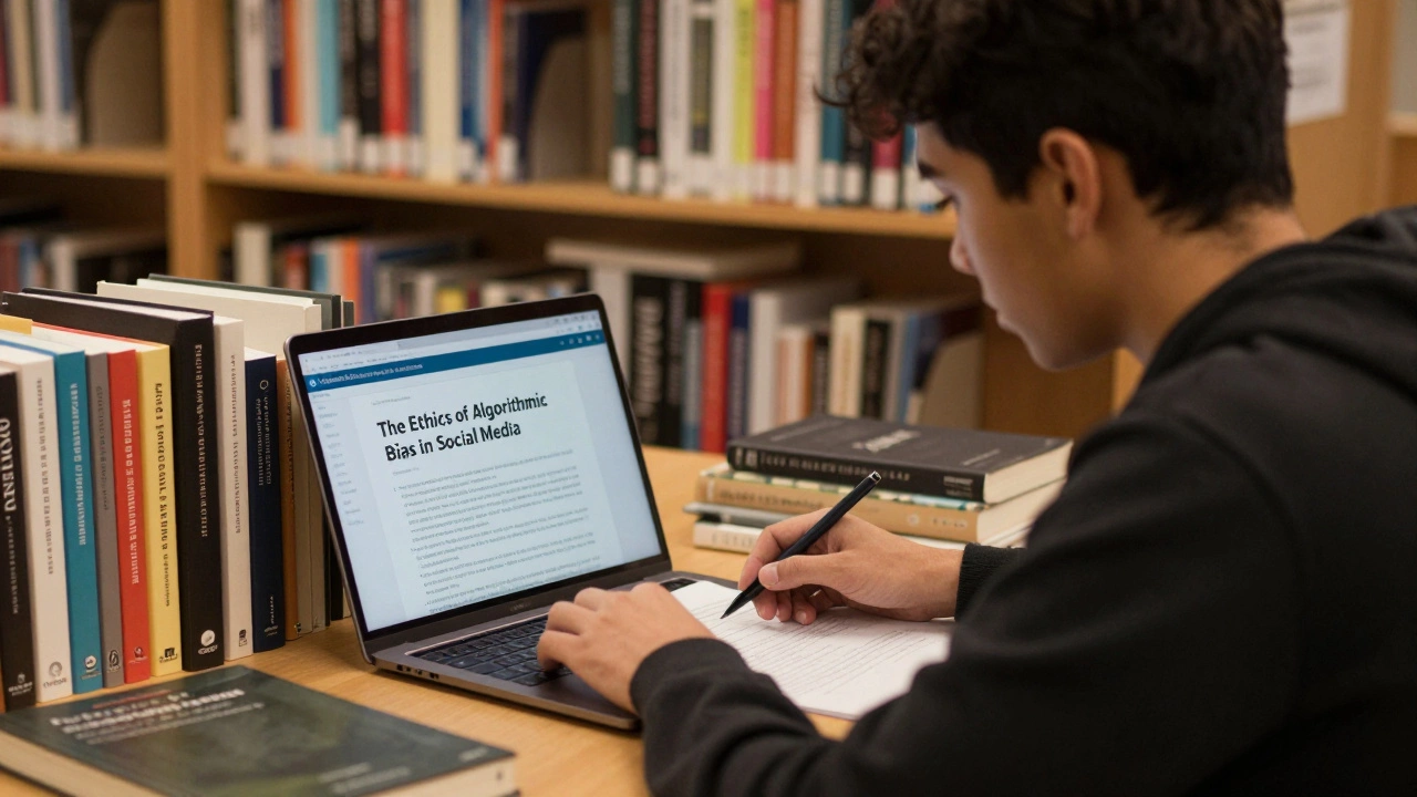 A student researches an EPQ on algorithmic bias with books and a laptop in a library.