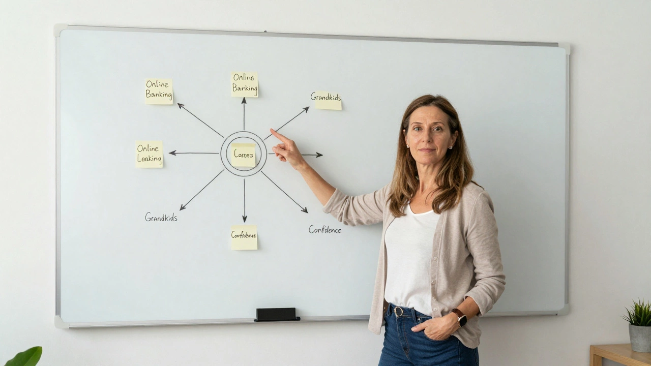 A woman presenting her personalized learning plan on a whiteboard with sticky notes.
