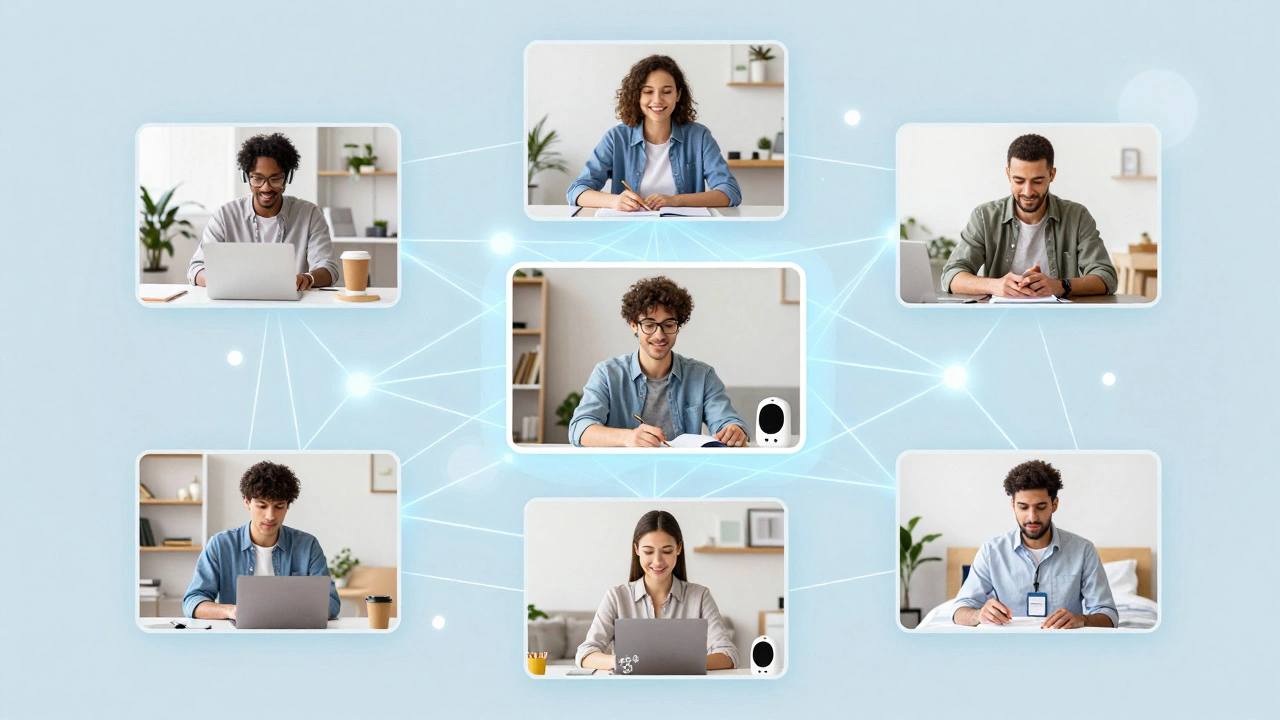 Adult learners from different homes connected through a virtual classroom interface.