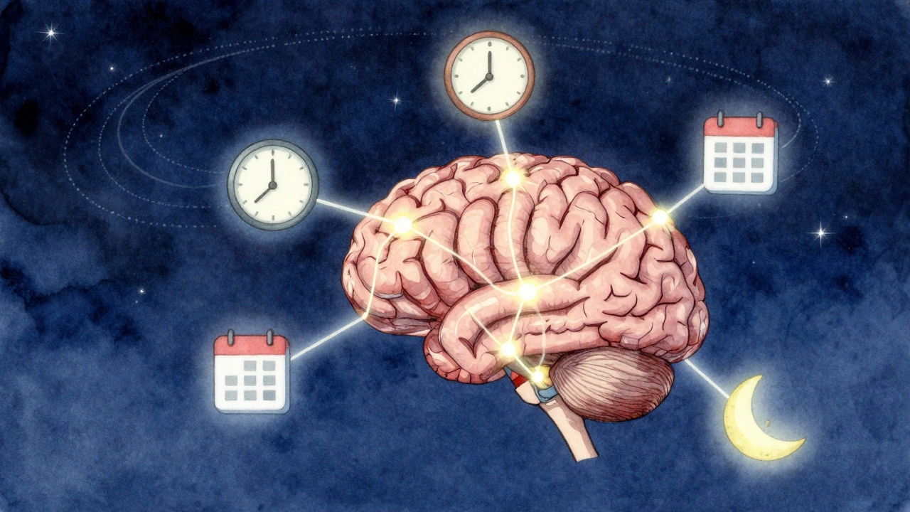 Artistic brain illustration with glowing connections to flashcard, calendar, and moon symbols in night sky.
