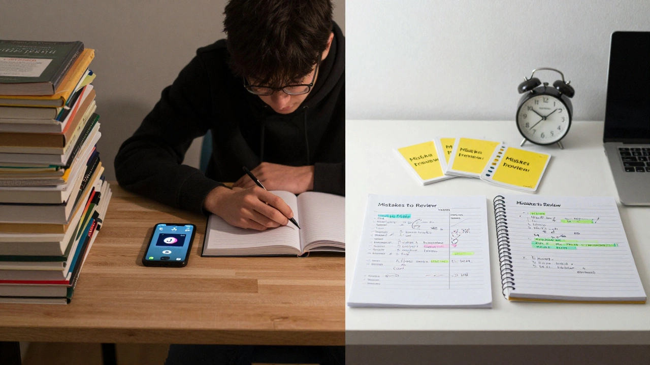 Contrasting desks: one chaotic with phone, one organized with revision tools and corrected past paper.