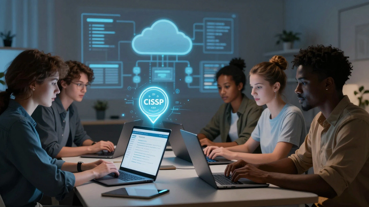 Diverse learners studying online with CISSP certification badge glowing above screens