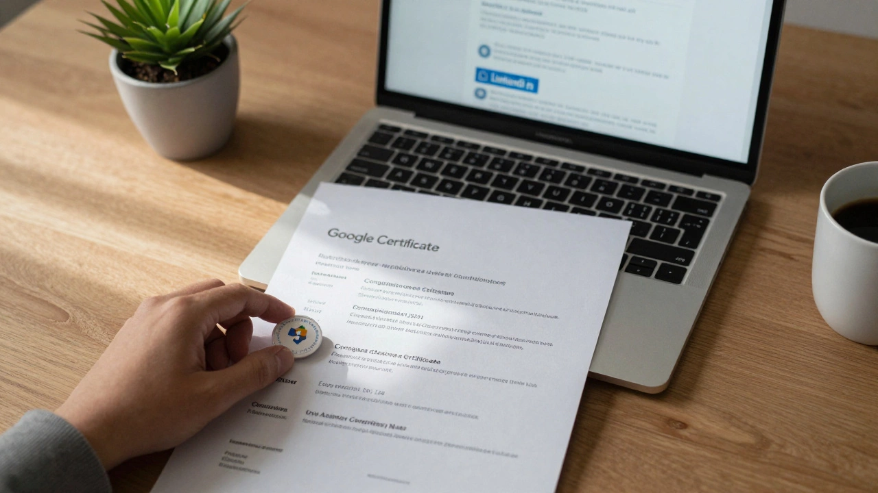 Google Career Certificate badge placed on resume beside laptop with LinkedIn profile