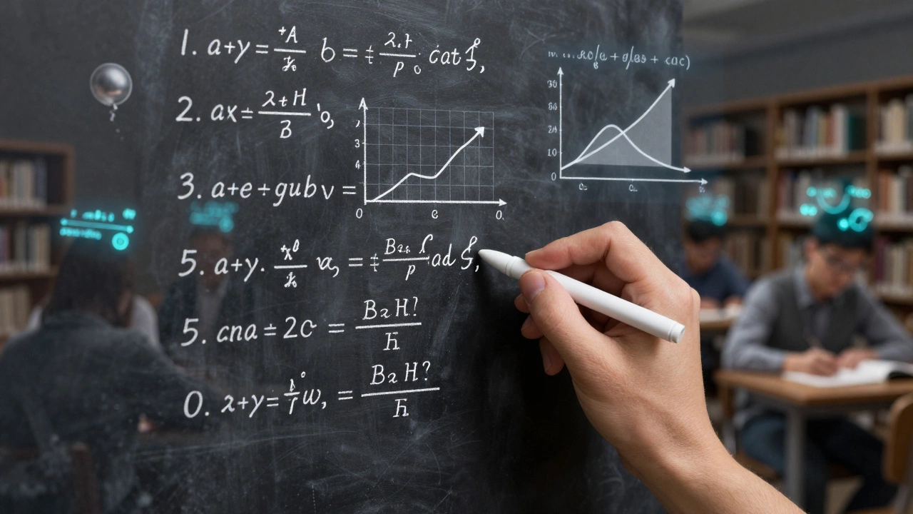 Hand writing detailed calculus solution on chalkboard, with real-world applications floating behind.