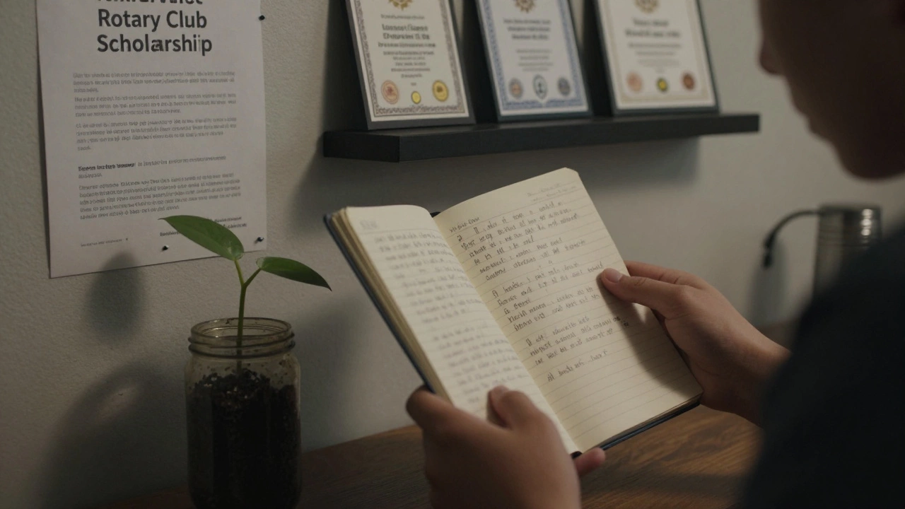 Hands holding a notebook with scholarship notes beside a small plant and a scholarship flyer on the wall.
