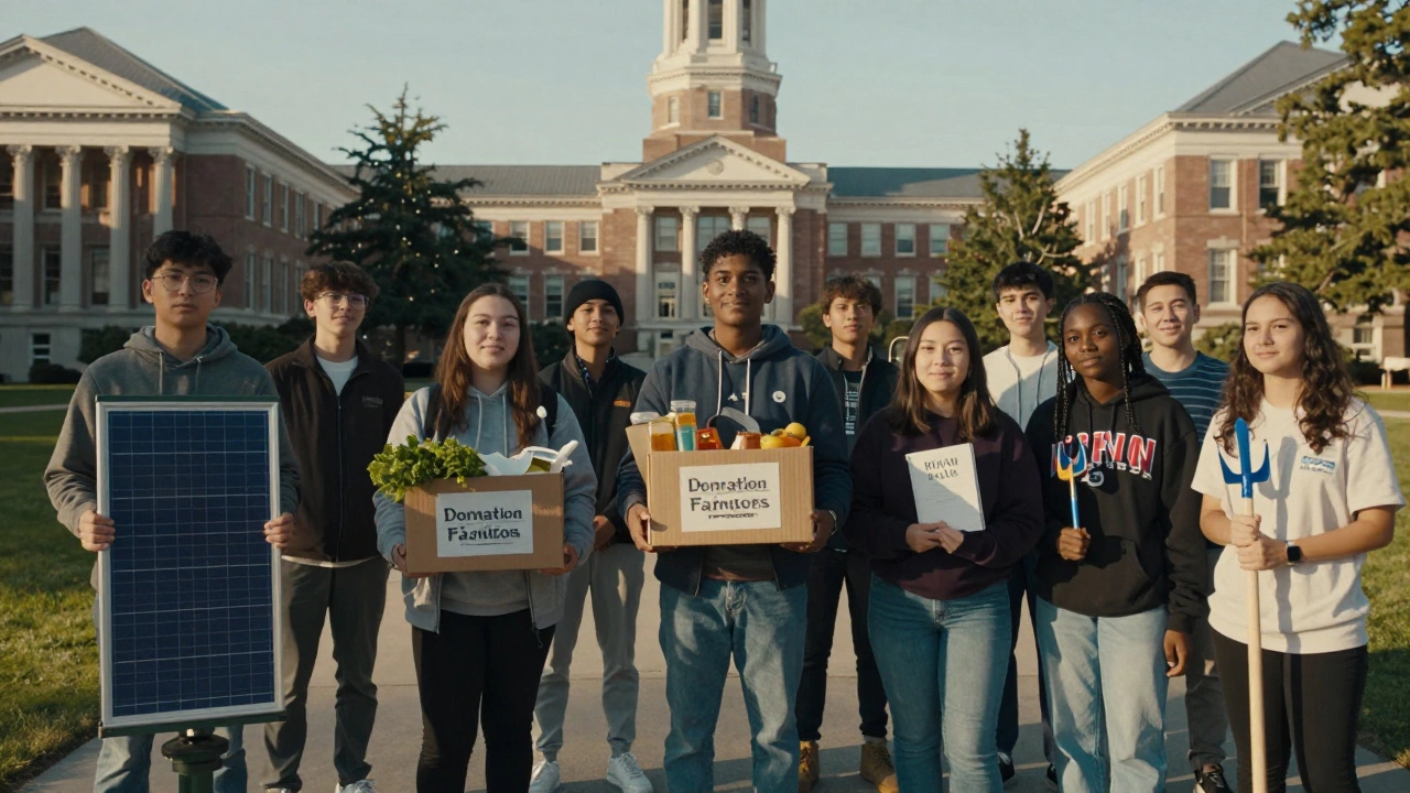 International students hold symbols of their community impact against a backdrop of diverse university buildings under golden light.