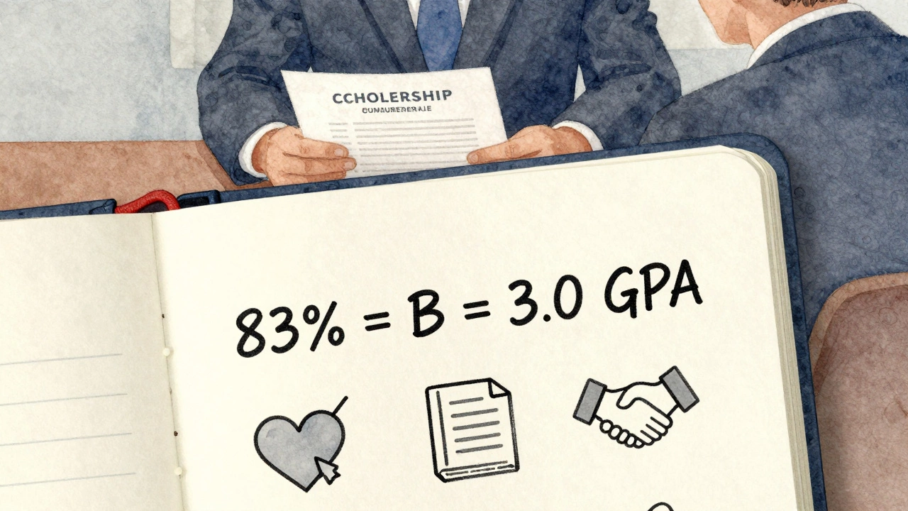 Notebook showing 83% to GPA conversion with icons for essays, leadership, and service