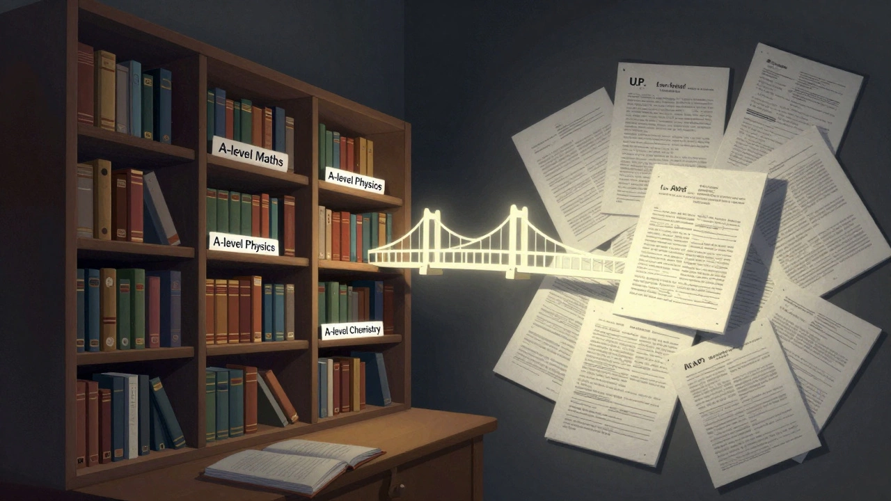 Side-by-side artistic comparison of deep A-level bookshelves and scattered AP exam booklets connected by a glowing bridge.