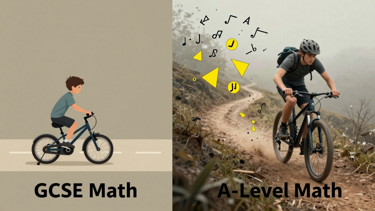 Split image: child on bike with training wheels vs teen on mountain bike navigating abstract math symbols.