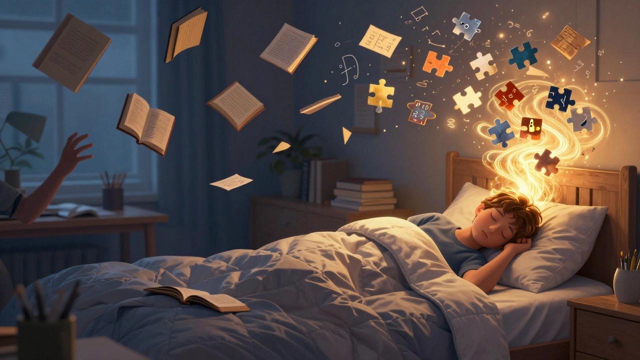 Split scene: chaotic studying on one side, peaceful sleep with glowing memory patterns on the other.