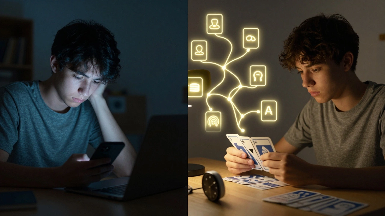 Split-screen: student distracted by phone vs. focused on flashcards with neural connections.