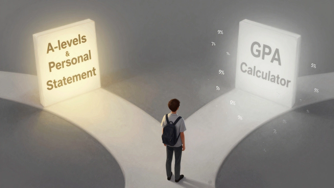 Student at a crossroads, one path glowing with A-levels, the other foggy with percentage symbols.