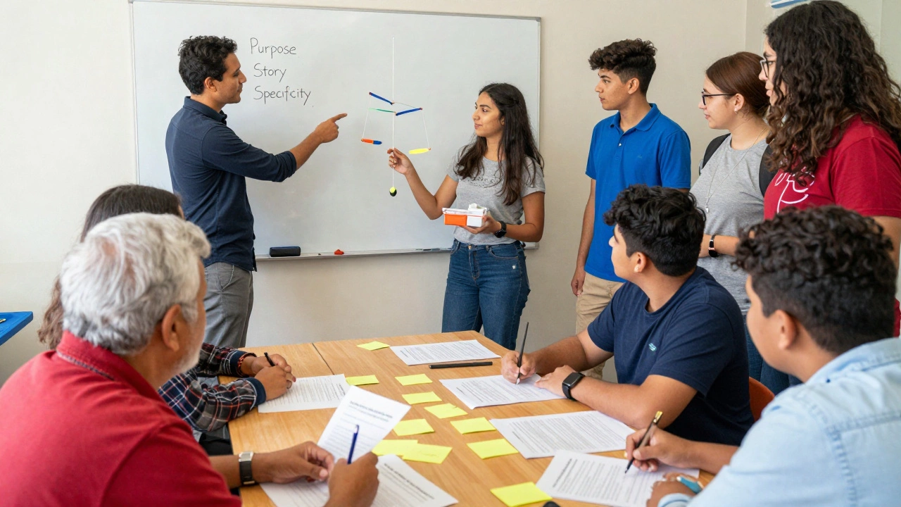 Students at a community center presenting a dental kit and reviewing scholarship applications with a mentor.