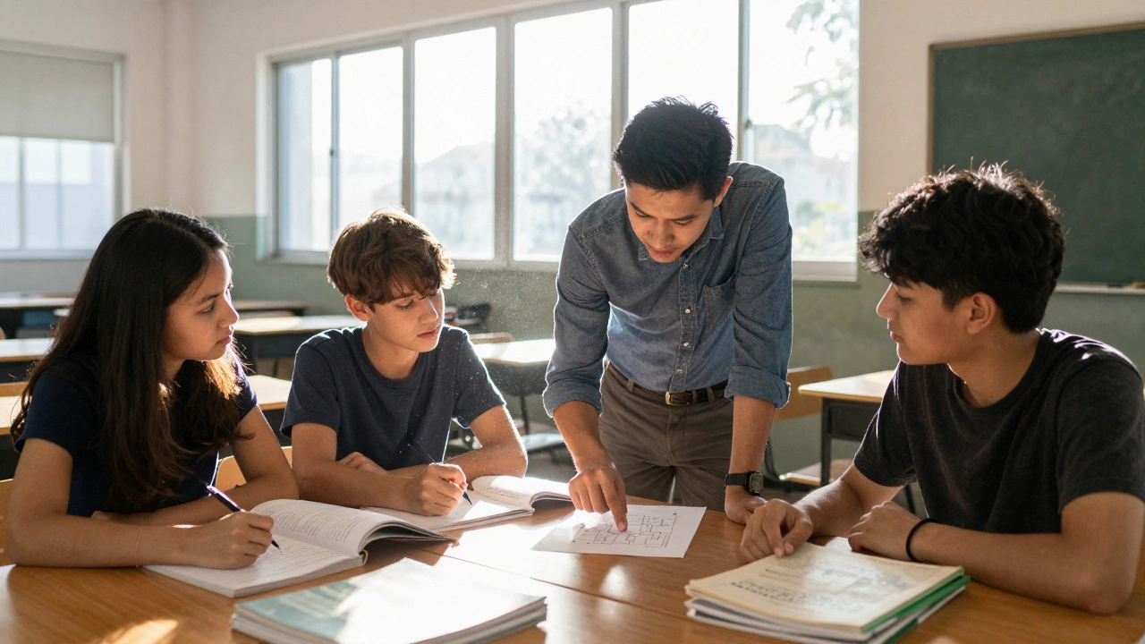 Students studying in a classroom after hours with their teacher, collaborating in a small group.