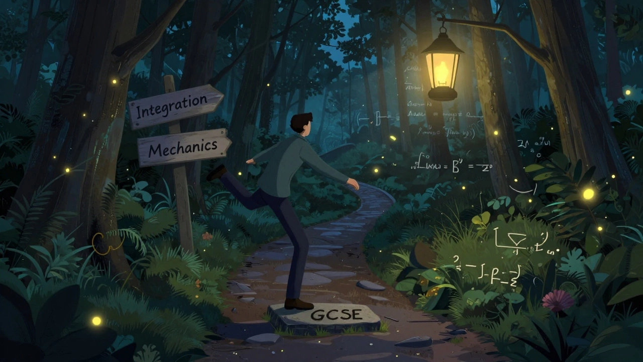 Symbolic path through a forest representing the challenging transition from GCSE to A-level math.