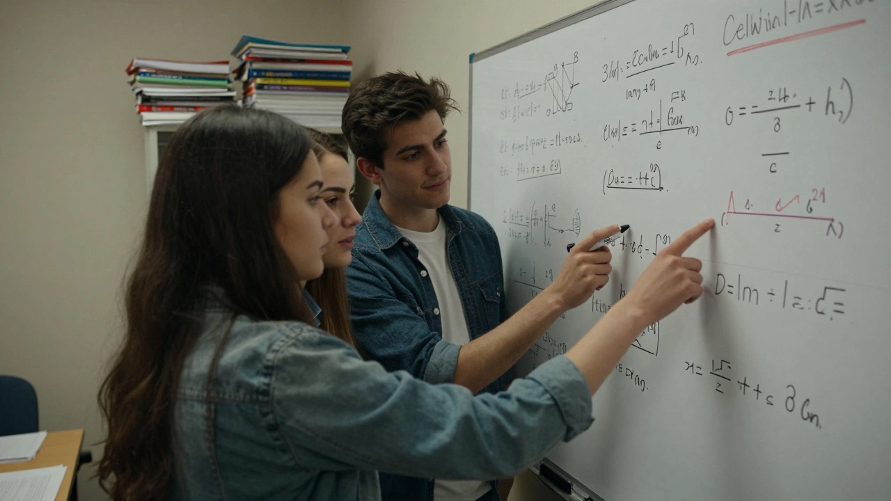 Three students solving a complex math problem together at a whiteboard in a study room.
