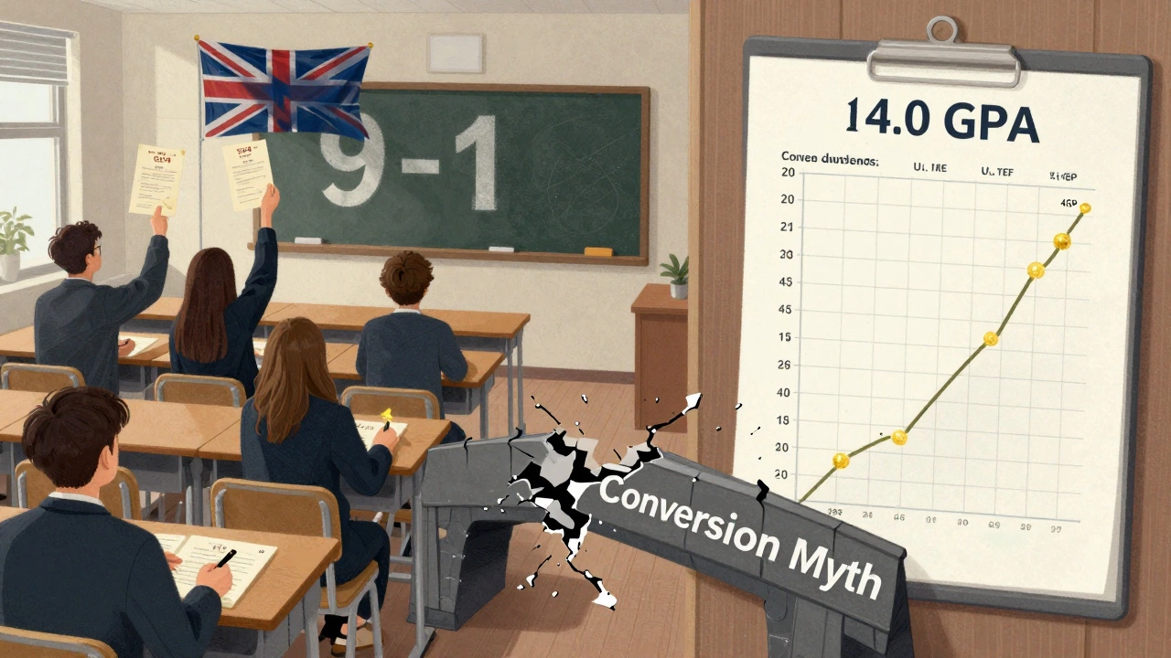 Two classroom scenes side by side: UK grade 9 certificates and US 4.0 GPA chart connected by a broken bridge.
