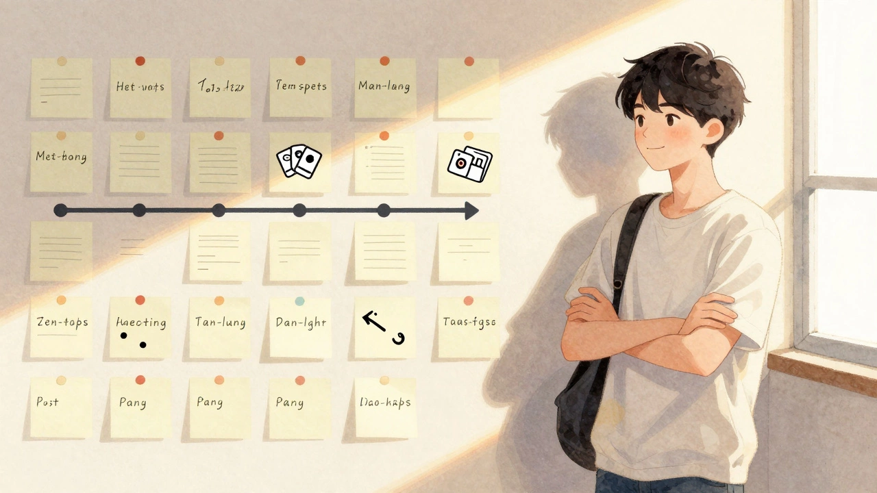 Wall of revision progress with sticky notes and timeline, student standing back in quiet room.