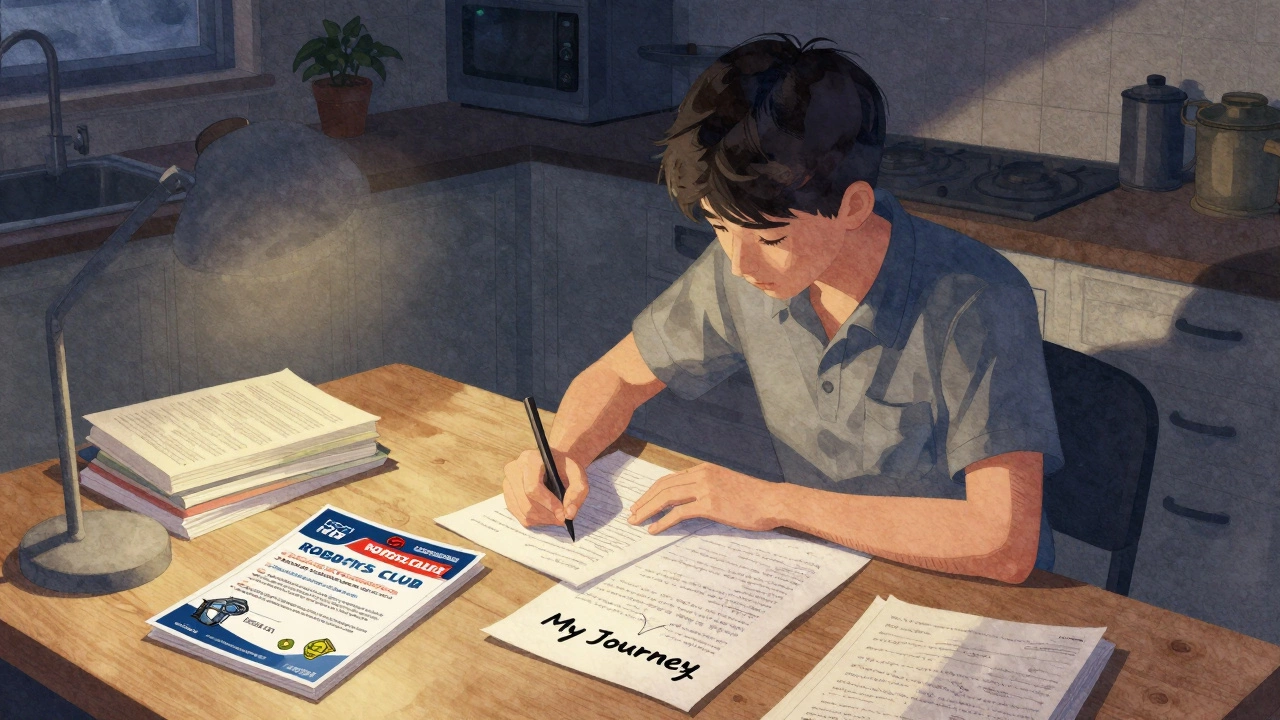 A student writing an essay at night surrounded by books and a robotics flyer.