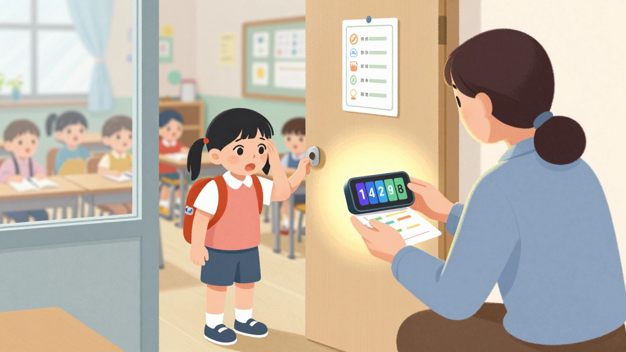 A teacher offering a visual timer and choice card to a child during a classroom transition.