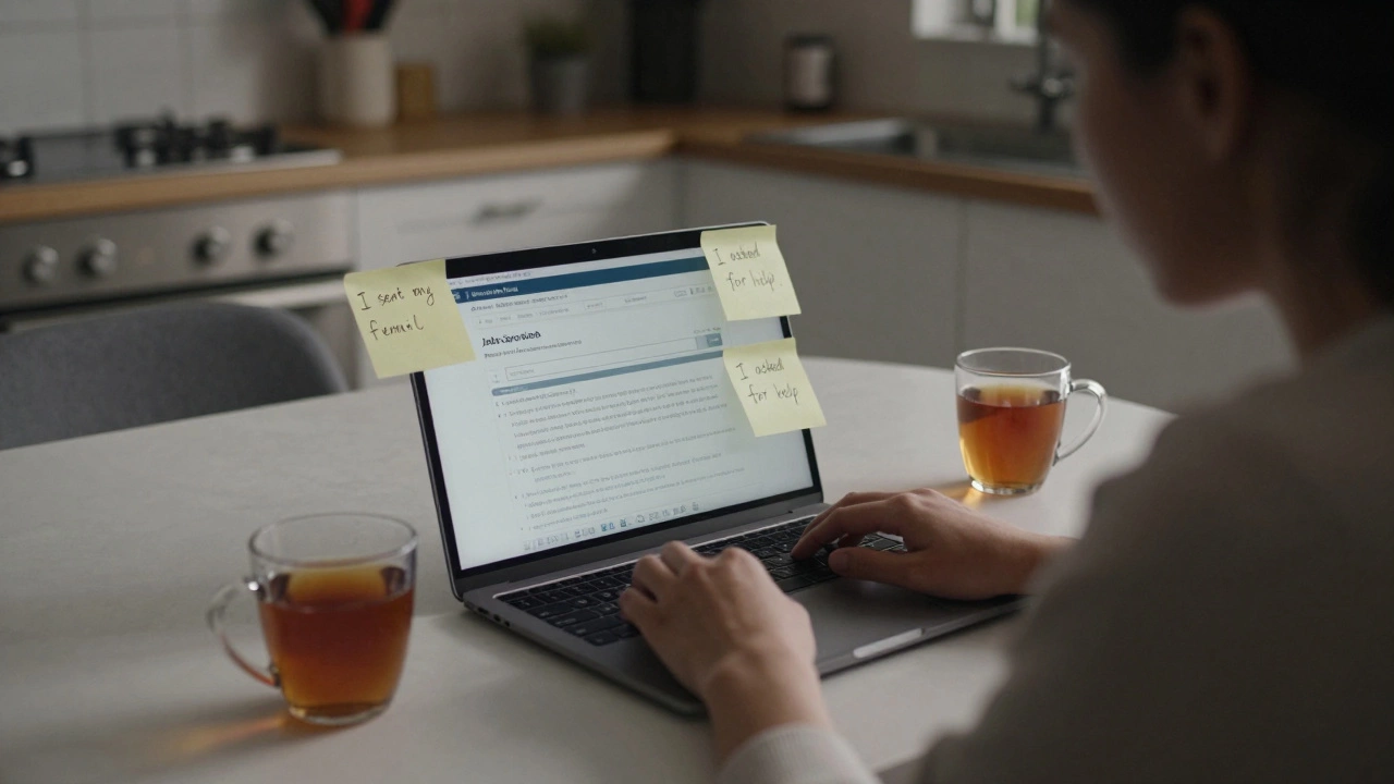 An adult learner writing a job application at home with progress notes on the wall.