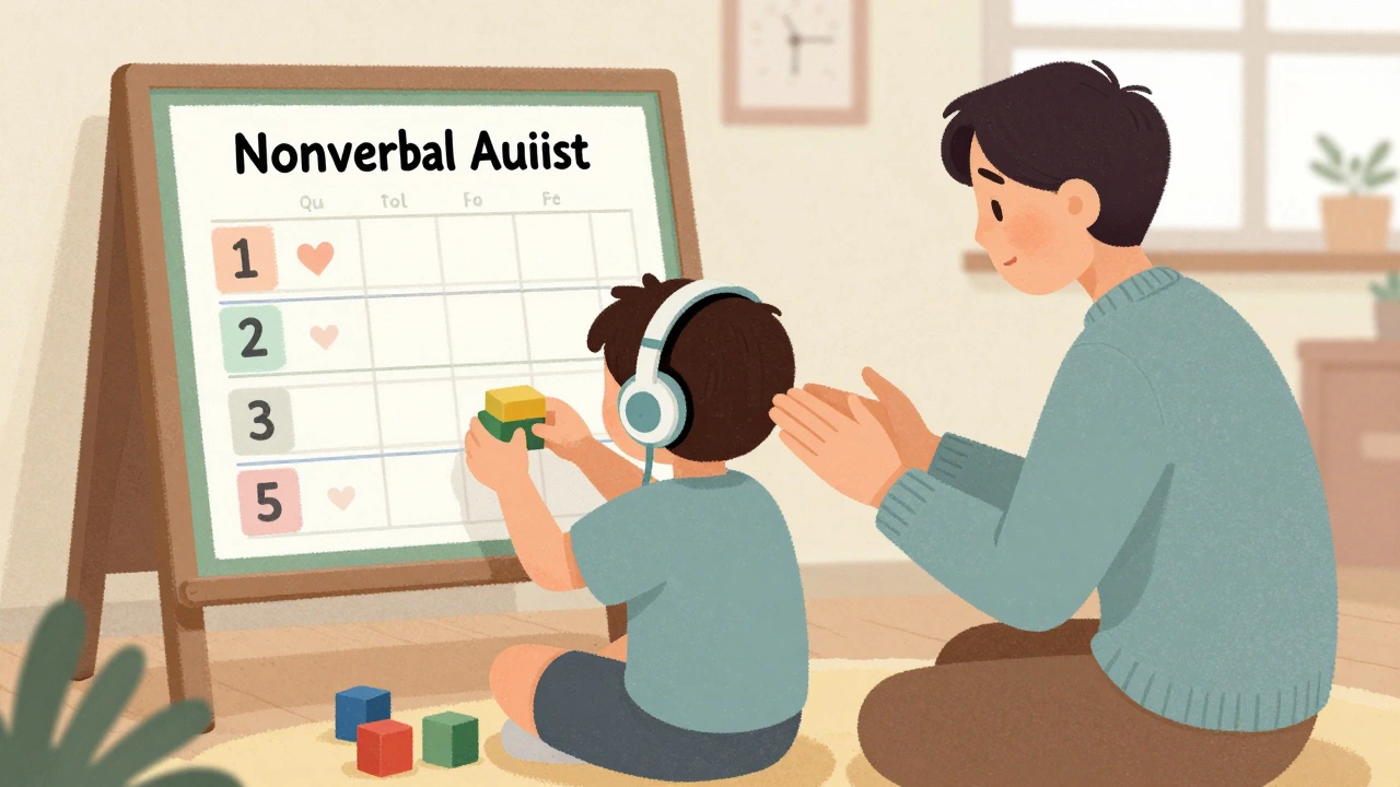 An autistic child interacting with a visual schedule in a calm, sensory-friendly classroom.