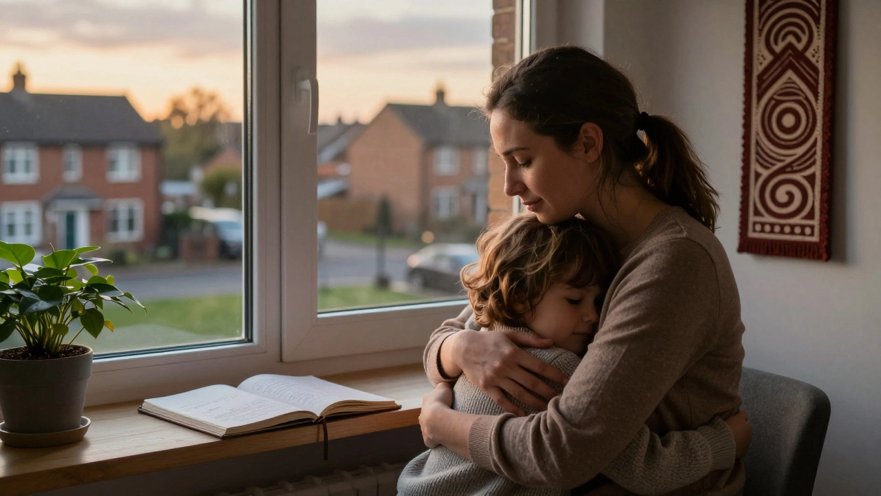 An educator hugging a child at the end of the day, with soft evening light streaming through a classroom window.