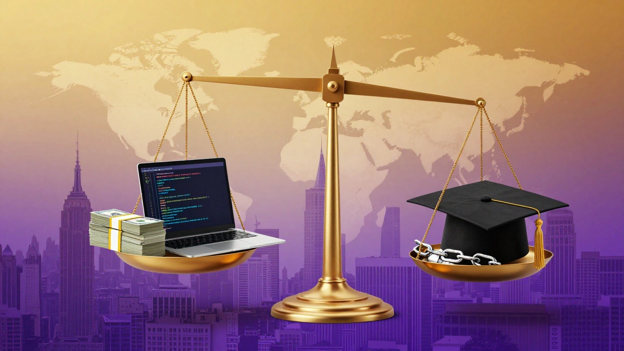 Balance scale weighing financial rewards of tech degrees against traditional education.