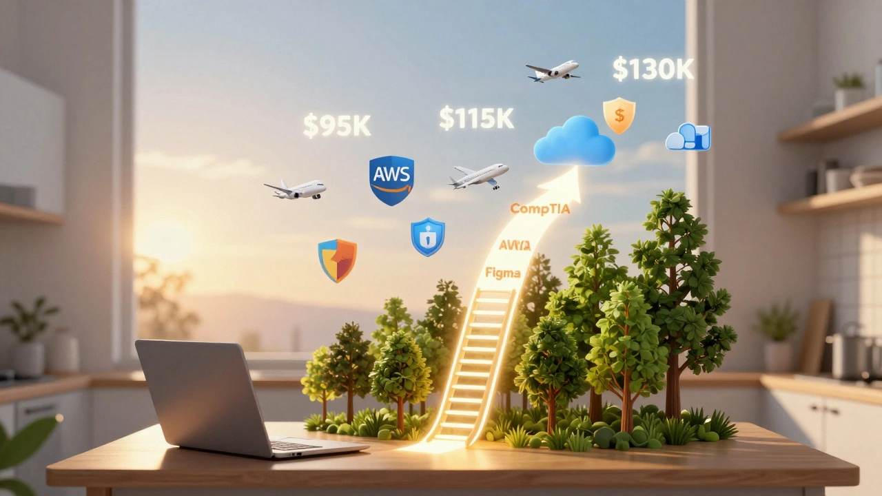 Glowing digital path of certifications rising from a laptop into floating salary icons and tech symbols.