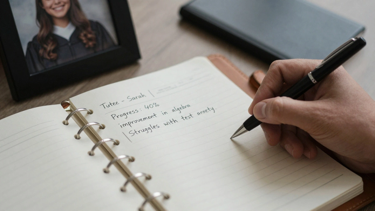 Hand writing 'tutee' notes in a journal under soft light, with a photo in the background.