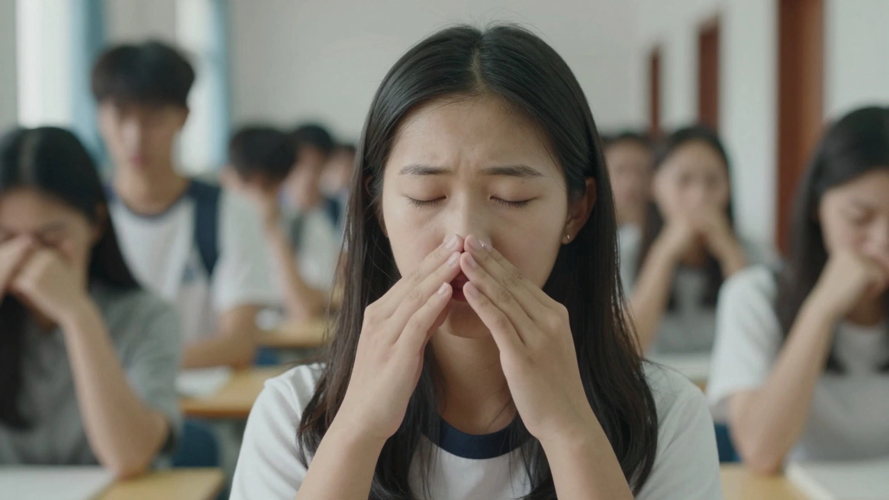Hands performing box breathing in a quiet exam hallway, eyes closed, serene expression.