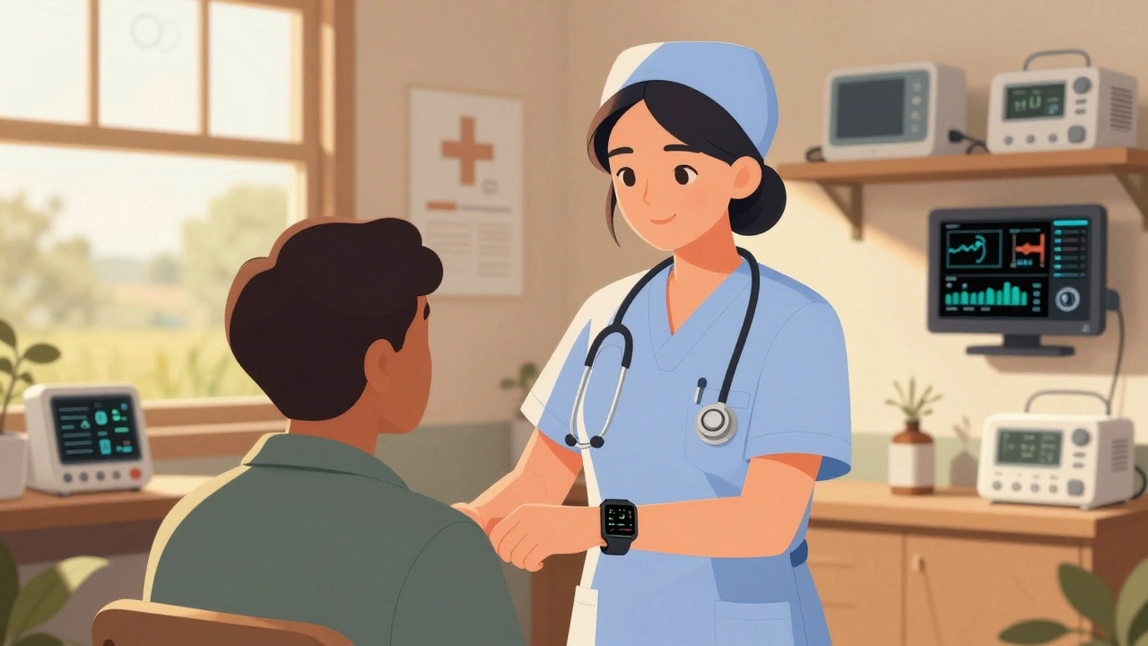 Nurse practitioner examining a patient in a clinic with digital health technology.