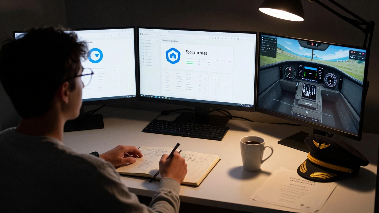 Person studying multiple tech skills at night with glowing screens and a pilot's cap beside a certification.