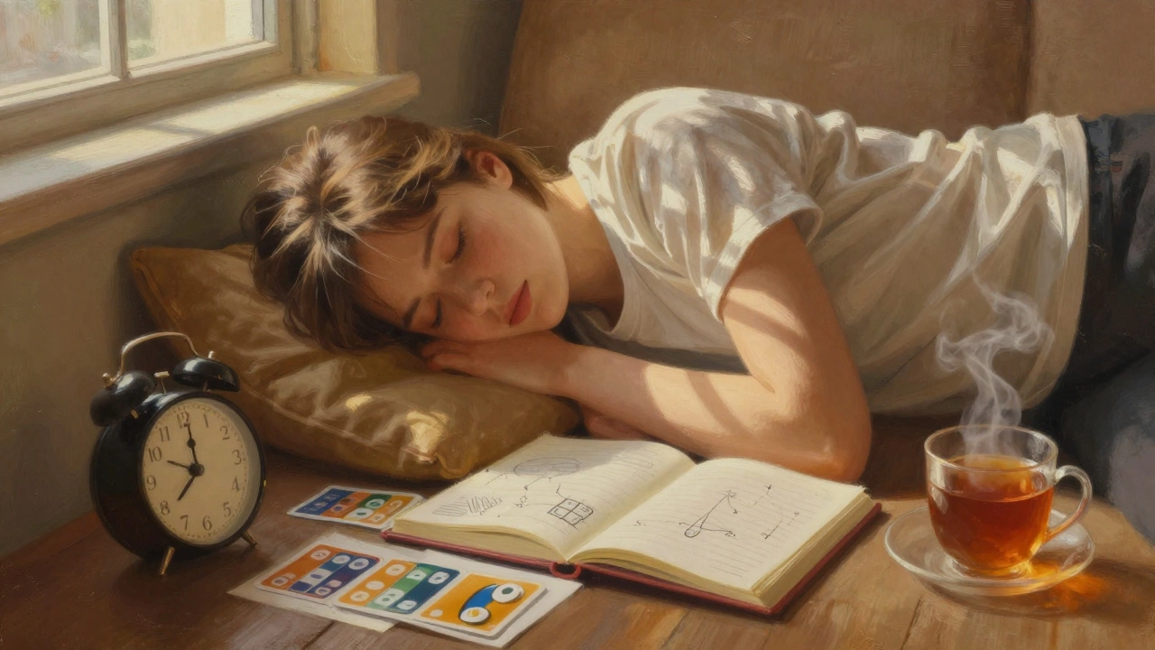 Student napping on a couch during afternoon break, sunlight and open notes nearby.