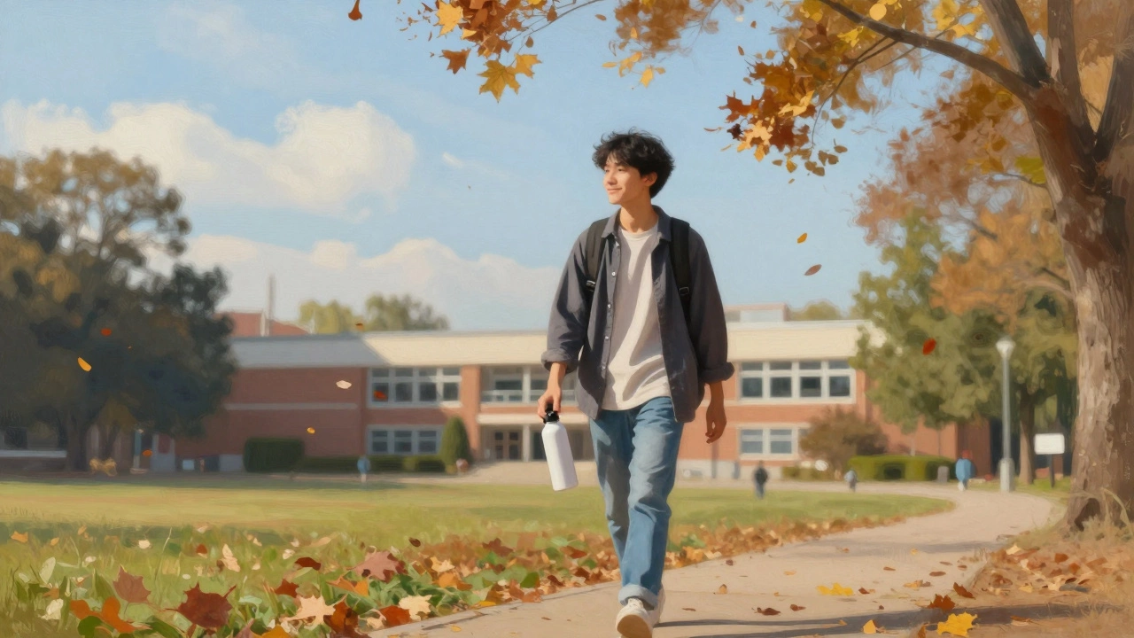 Student walking peacefully through a park after an exam, leaves swirling, relaxed and free.