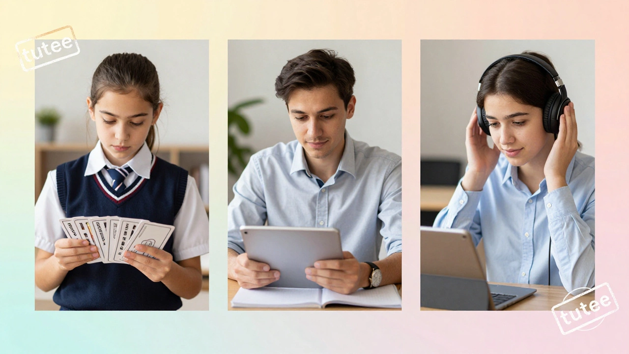 Three diverse learners in different settings, each marked with a subtle 'tutee' stamp.
