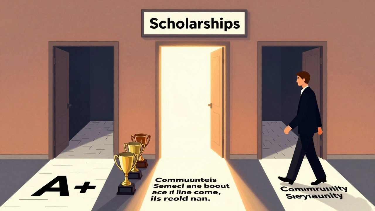 Three paths to a scholarship door, with community effort glowing brightest.